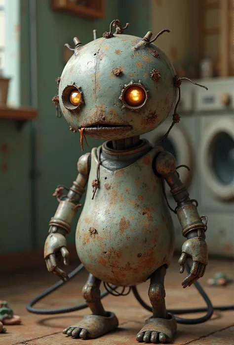 A hyper-realistic, ultra-high-definition 4K render of a bizarre yet charming creature fused with an old, rusted iron. The creature’s main body is the metal surface of the iron, with faded paint and small rust patches along its body, showing signs of heavy ...