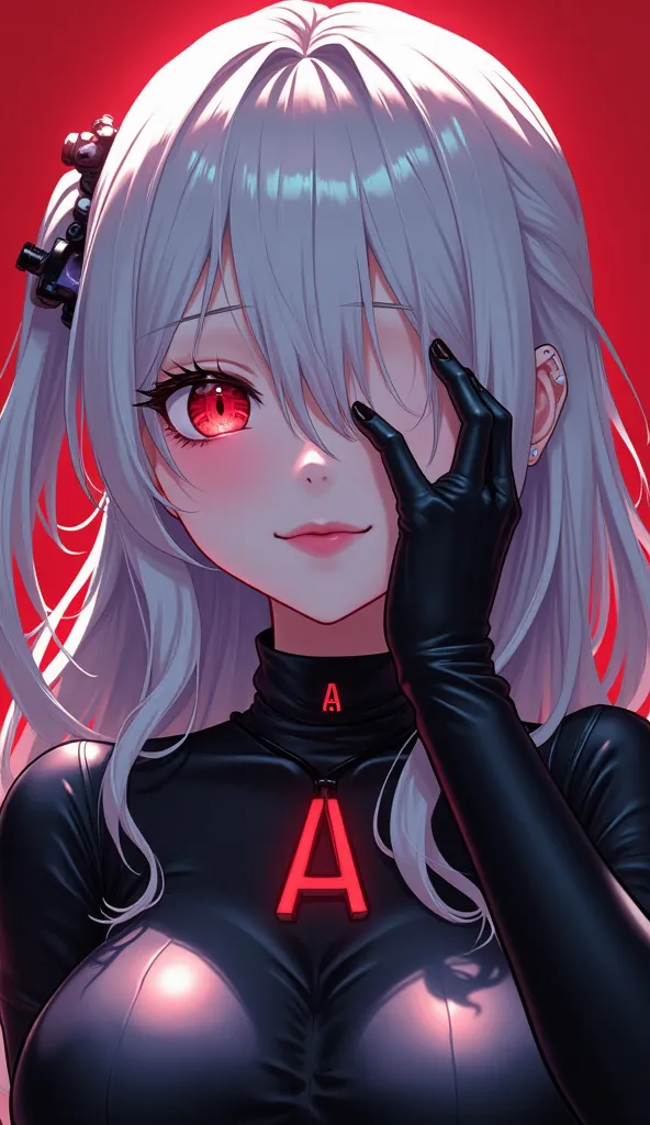 Anime girl, age 26, psychopath character, psycho, She raises her head and looks arrogantly, shiny white hair, slightly wavy hair, long hair, Side Braid hair style, hair covering one eye, bright red eye color, strong eye details, Hair Over One Eye, Makeup &...