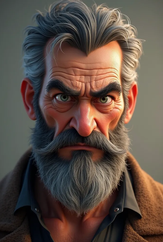 PIXAR IMAGE OF AN OLDER MAN WITH BLACK HAIR, BEARD AND TUNIC, AND WITH AN ANGRY FACE