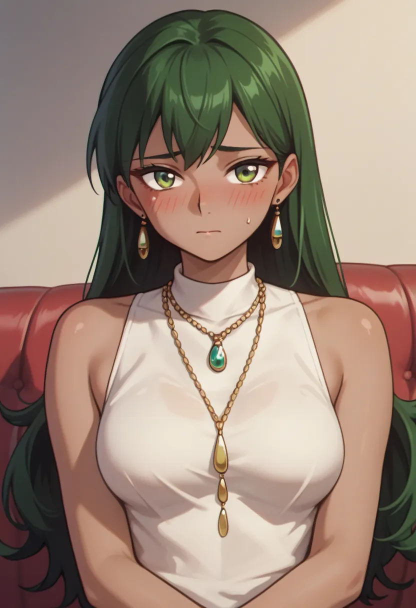 nsfw,anime colored,score_9, score_8_up, score_7_up, source_anime,masterpiece, best quality, official art,Emi, 1girl, solo, long hair, breasts, looking at viewer, jewelry, earrings, green hair, sleeveless, dark skin, necklace,(detailed face and eyes,blush,s...