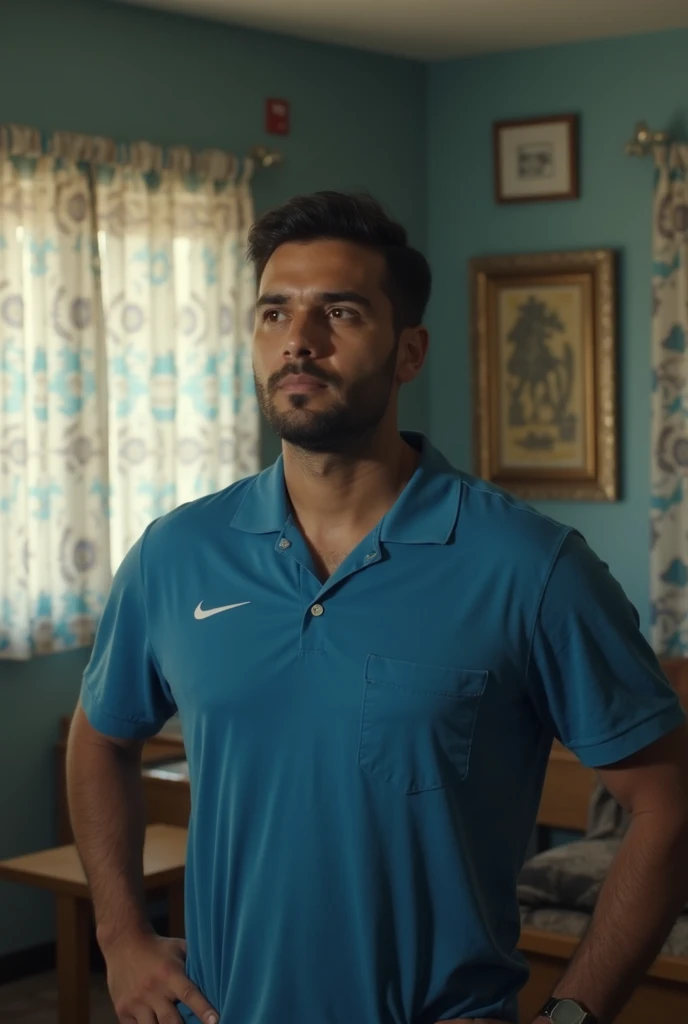 a man in a blue shirt standing in a room, a screenshot inspired by Volkan Baga, instagram, les nabis, ronaldo luis nazario de lima, ronaldo nazario fenomeno, vin diesel, ronaldo nazario, amr elshamy, ronaldo luis nazario da lima, ahmad merheb, taken in the...