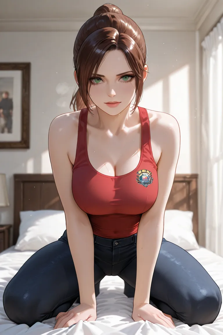 Claire Redfield, From Resident Evil .  full body photo , making love on a bed in the cowgirl position