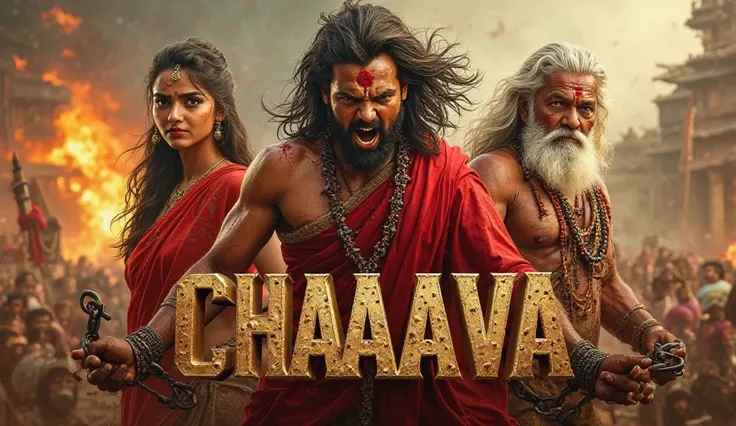 A high-quality cinematic poster featuring three main characters:  
1. A fierce warrior man with long messy hair, wearing a red traditional Indian outfit, holding broken chains, screaming in rage. His face is covered with dirt and blood, standing in a battl...