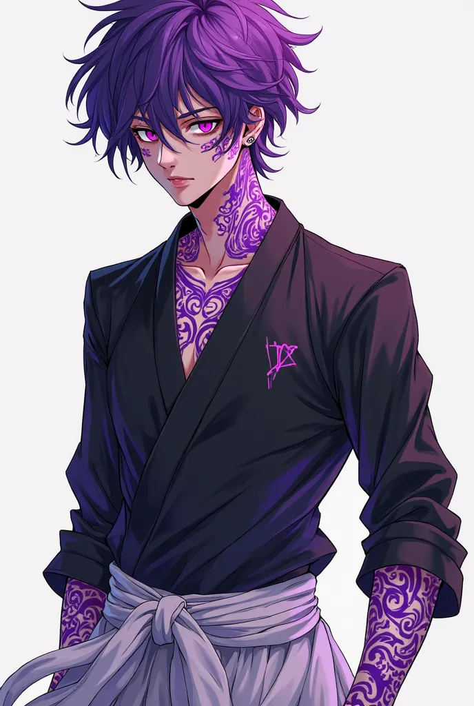 a drawing of a boy with purple hair and glowing purple tribal tattoos running down both arms and face, with a black kimono jacket and white hakama pants, half body shot, a manga drawing