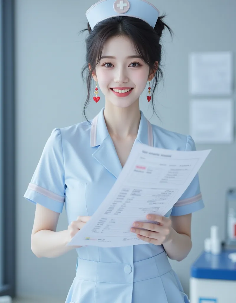 (A super beautiful Korean nurse is standing close to the camera with a medical record:1.2)(Happy smile:1.2)(16k,  RAW photos , Highest quality, masterpiece: 1.2),(glossy black hair cute bun hair) Super Detail, super resolution, (Genuine, Genuine photos: 1....