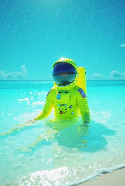 Astronaut in neon green clothes bathing in the sea on the clean beach and blue water