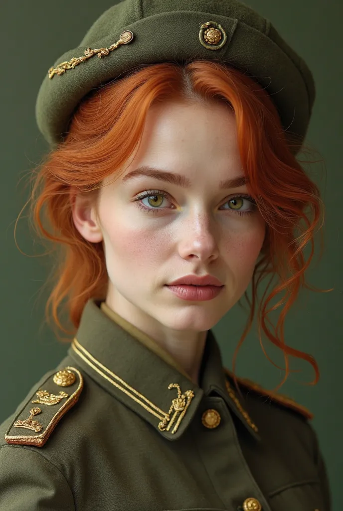 make a image of woman, who is readhead with frinde (in front of her forehead) and has brown-green eyes. She is wearing a military uniform in colors of green-brown (the typic uniform). Also add some Origanum majorana (which is green herb) to her hair and un...