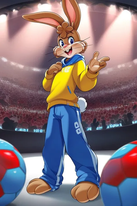 zPDXL3,quicky,4 fingers,brown fur, blue pants, yellow winter sweater, French style, standing up live in a concert theater, young 25 year old adult, 6 feet tall, cute version of quicky, cute rabbit hair, furry, rabbit, male, femboy, slim,solo,looking_at_vie...