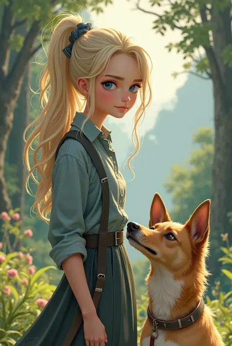 Girl with light blonde hair Thats in a high sleek ponytail with a dog