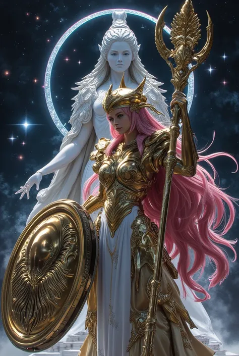  Saint Seiya; goddess Athena; long pink hair, Oriental style, female physiognomy, trajando a armadura divina de ouro que simboliza a goddess Athena; rounded armor details, Spartan - Roman style helmet; Closed Armor Wings, using a staff with a circular shap...