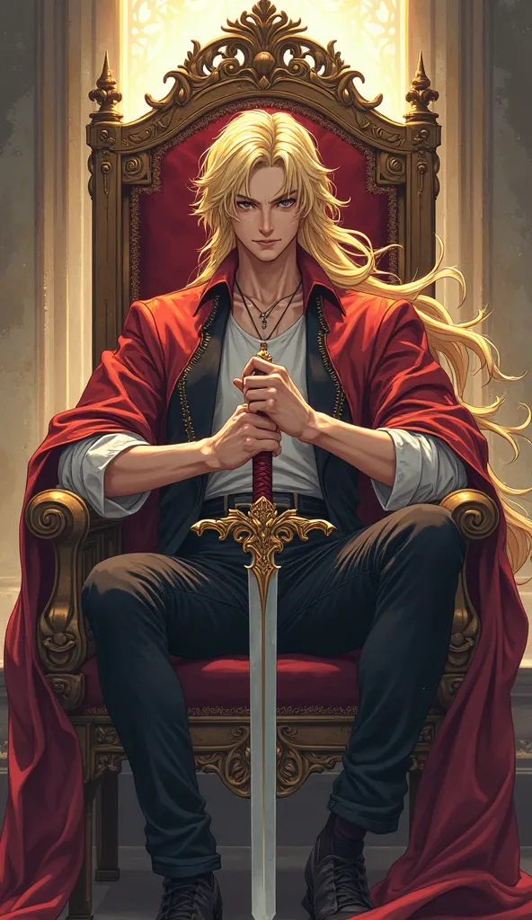 A young guy sitting on a throne, blond, tall with beautiful features. He also holds a sword in his hands and light clothes. Sits sideways in anime style. The hair is longer