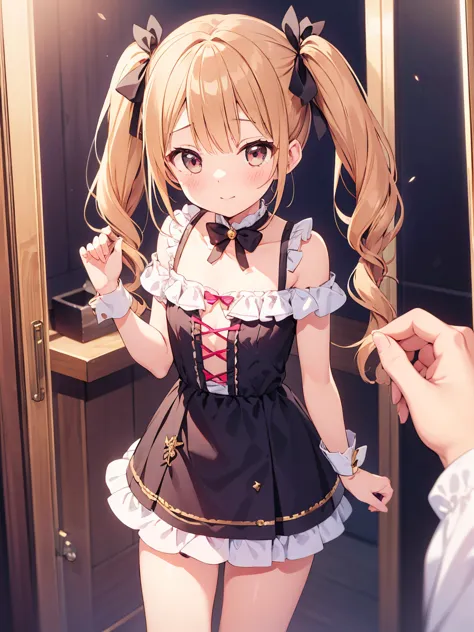  cute  wishing for happiness、delicate、flat chest、 idol costume、 Gold、twin tails、Short braids、big ribbon on head、Taking a break in the dressing room、High Resolution, Highest quality, anatomically correct, 