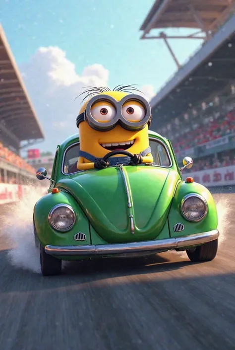 Minion driving a green Volkswagen Beetle on the Need for Speed track