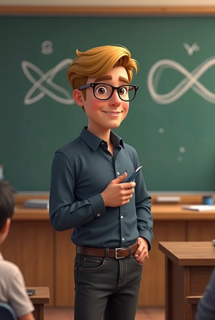 Create image of a male teacher, fatty, brown eyes, In Pixar format teaching, Young, blonde, wearing glasses, short haircut and side, dark blue dress shirt ,  black jeans, with students in class and infinity symbol horizontally on the board
