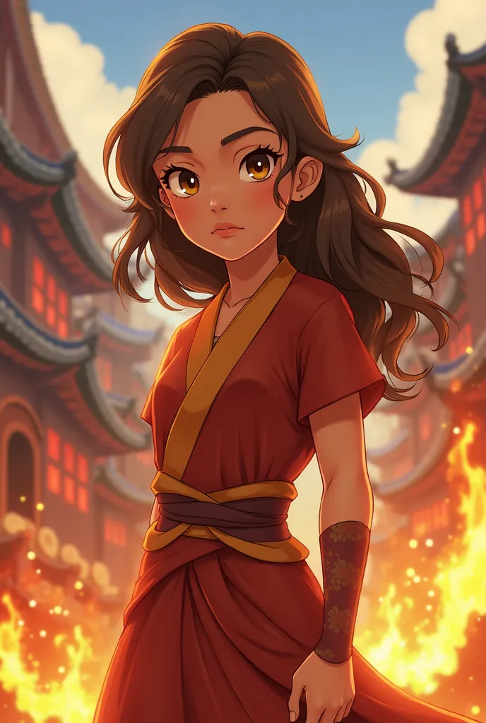 Can you generate a girl in cartoon style like in avatar the last air bender wirh medium height,light brown hair,hazel eyes and fire nation 