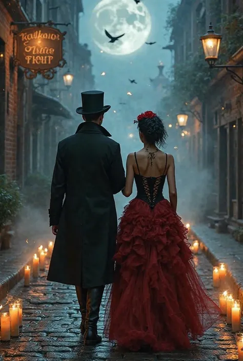 
The image depicts a mysterious and gothic scene set on a dimly lit cobblestone street under the eerie glow of a full moon. A man and a woman walk side by side, their backs turned to the viewer, as they move through an atmospheric, fog-laden alley. The set...