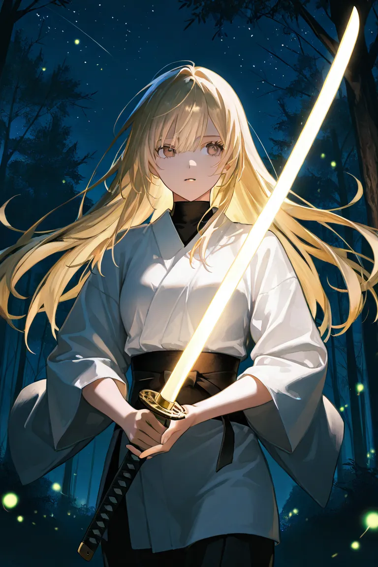 1girl, blonde,  Long light gold hair ,  brown eyes,  brown eyes , Night, stars , Dark Forest, fireflies, dark, Night, darkness, Blackness, dark blue sky, луна и stars , black trees, samurai girl with two katanas in her hands, white clothes
