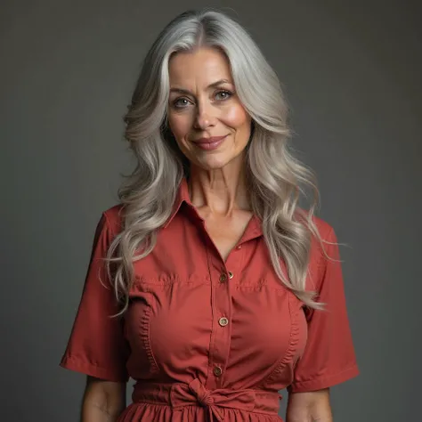  a beautiful mature woman with abnormally big and round breasts, ((( slim body ))),  well-rounded , Vibrant flared skirt shirt dress, Long gray hair ,  her breasts are huge ,  shirt ,   long gray hair  , bulging , and well-rounded de t-shirt mouiler