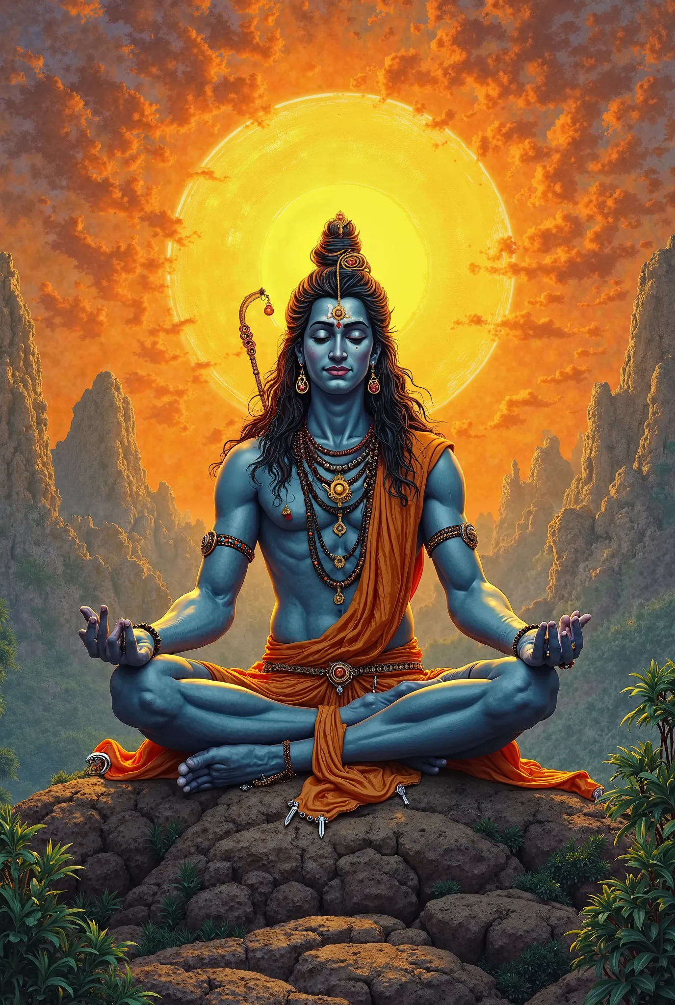 Shiva lord in meditation pose with sun in background center