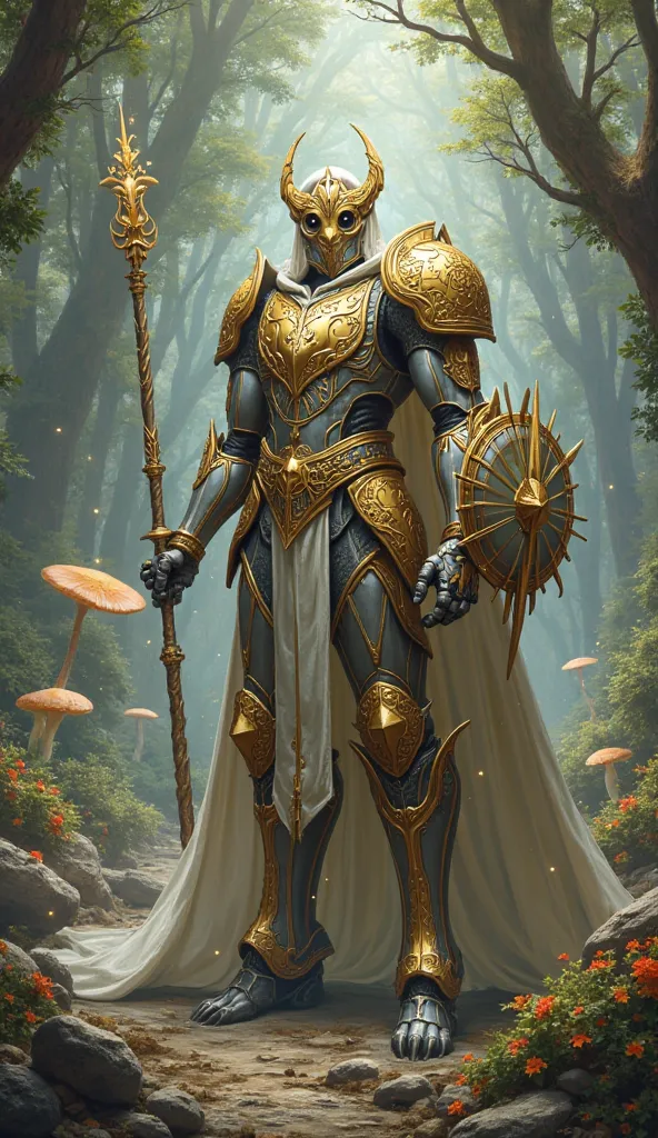 The Guardian of the Magical Land"Let it take place in a fantasy land, protecting magical creatures, depicting a mystical robot and other fantastic creatures. Let the robot's armor be signed with gold and silver details, each with extensive runic symbols. L...