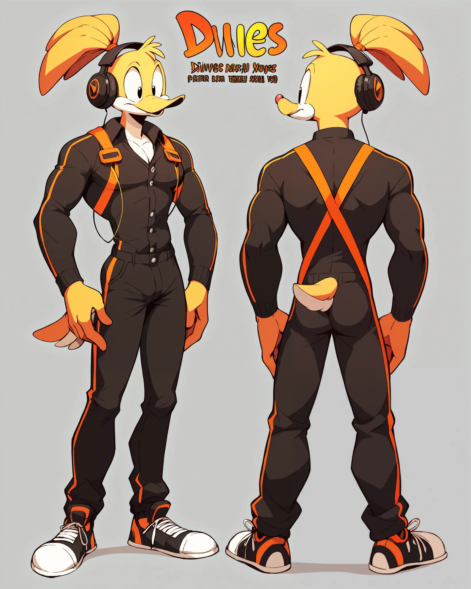 A full body view of Rune aka Magnum, the male anthro duck with a music-themed orange supersuit with headphones. He is listening to music background. The character sheet contains information about his species, level, health, and other attributes., tiny toon...