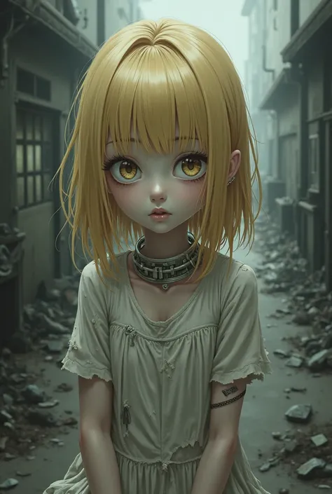 Blonde anime girl Loli sitting looking at white hair cold face torn dress with nail collar messy background