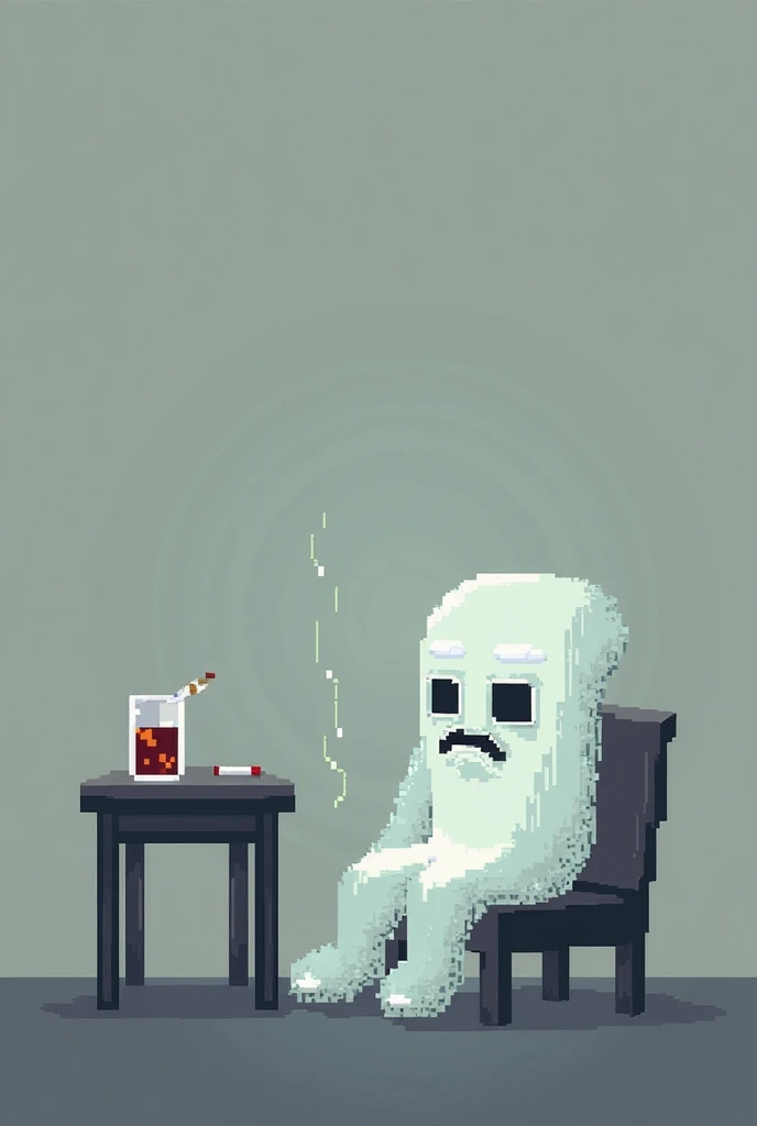 Make a ghost in 8-bit style,  sitting on a chair, look sad and smoking a cigarette, a table with alcoholic beverage