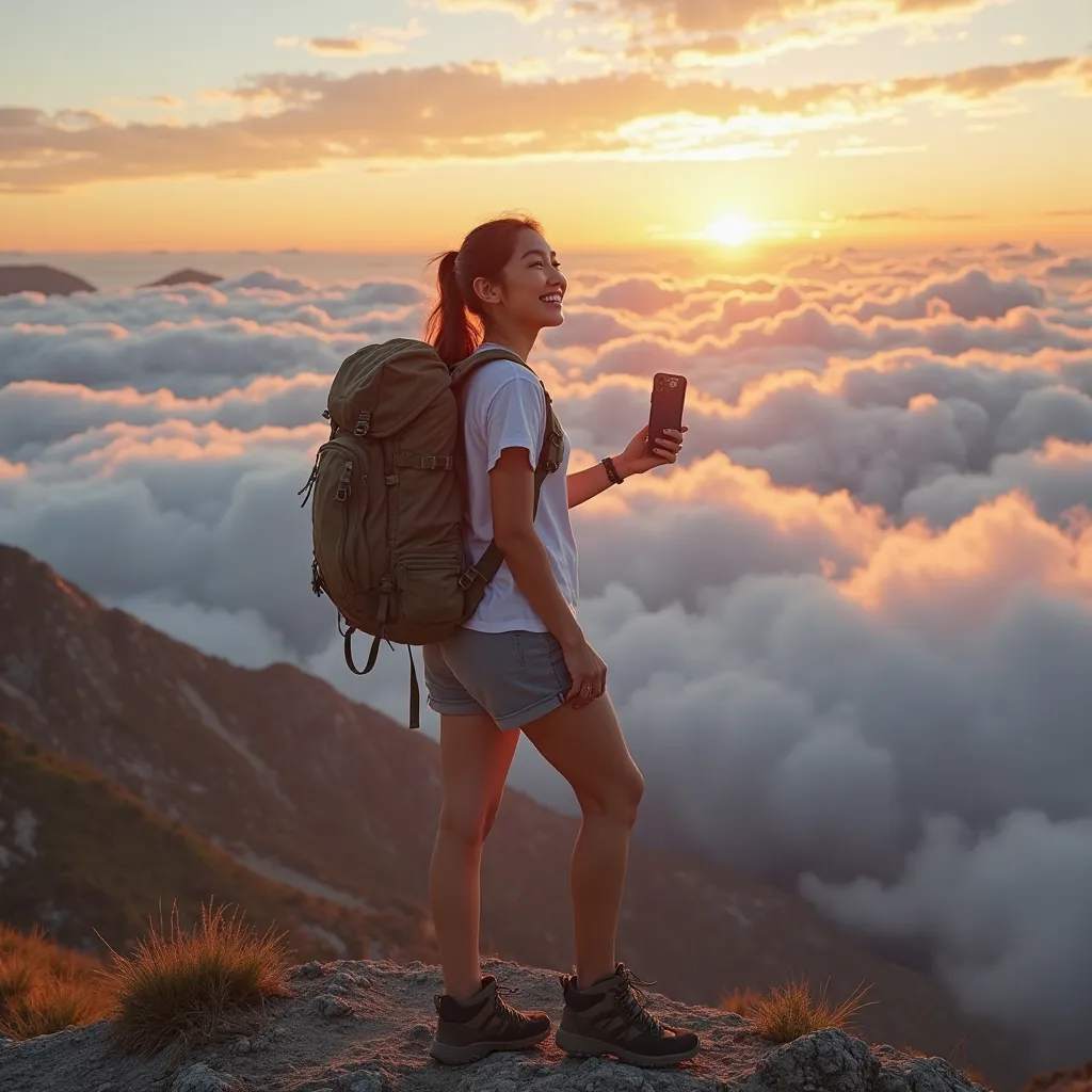 (Highest quality, super realistic pictures), Magnificent Mountain, Sea of clouds , Woman watching the sunset,  Selfies, (( upper body)), white t-shirt,  Trekking Shorts,  Trekking Boots , Rucksack,  (Super delicate face, Super beautiful poop, Super delicat...