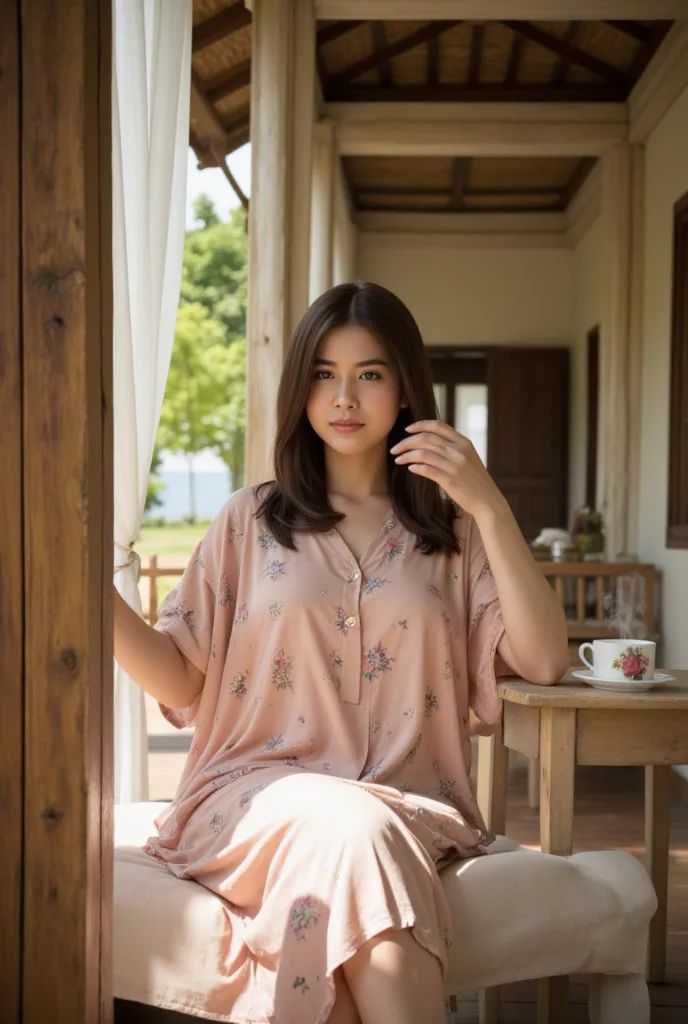 An Indonesian woman, quite chubby,  wear a sleeveless nightgown with floral print, sitting on the porch of the house enjoying breakfast, Village atmosphere, realistic photography. look at the viewer,