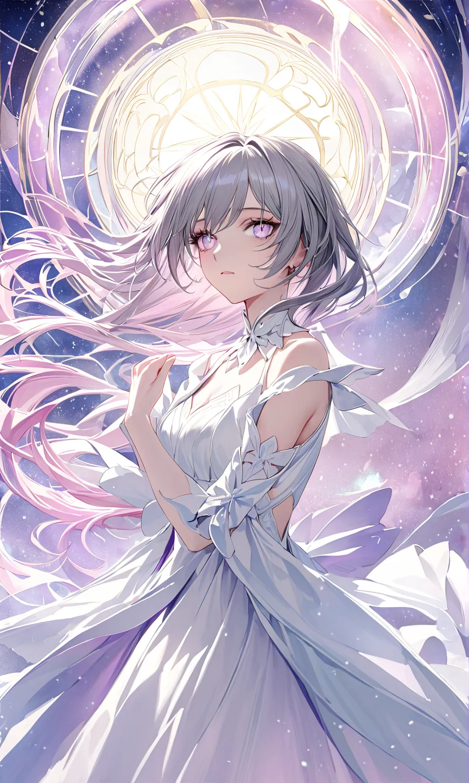 1 girl,   Sensitive , Alone,  Collapse star rail,Castlys, Xiachō / Castlys / castorice《Collapse： Starry Dome Railroad  /  Collapse:  star rail /  Honkai: Star Rail,hair gray purple pink