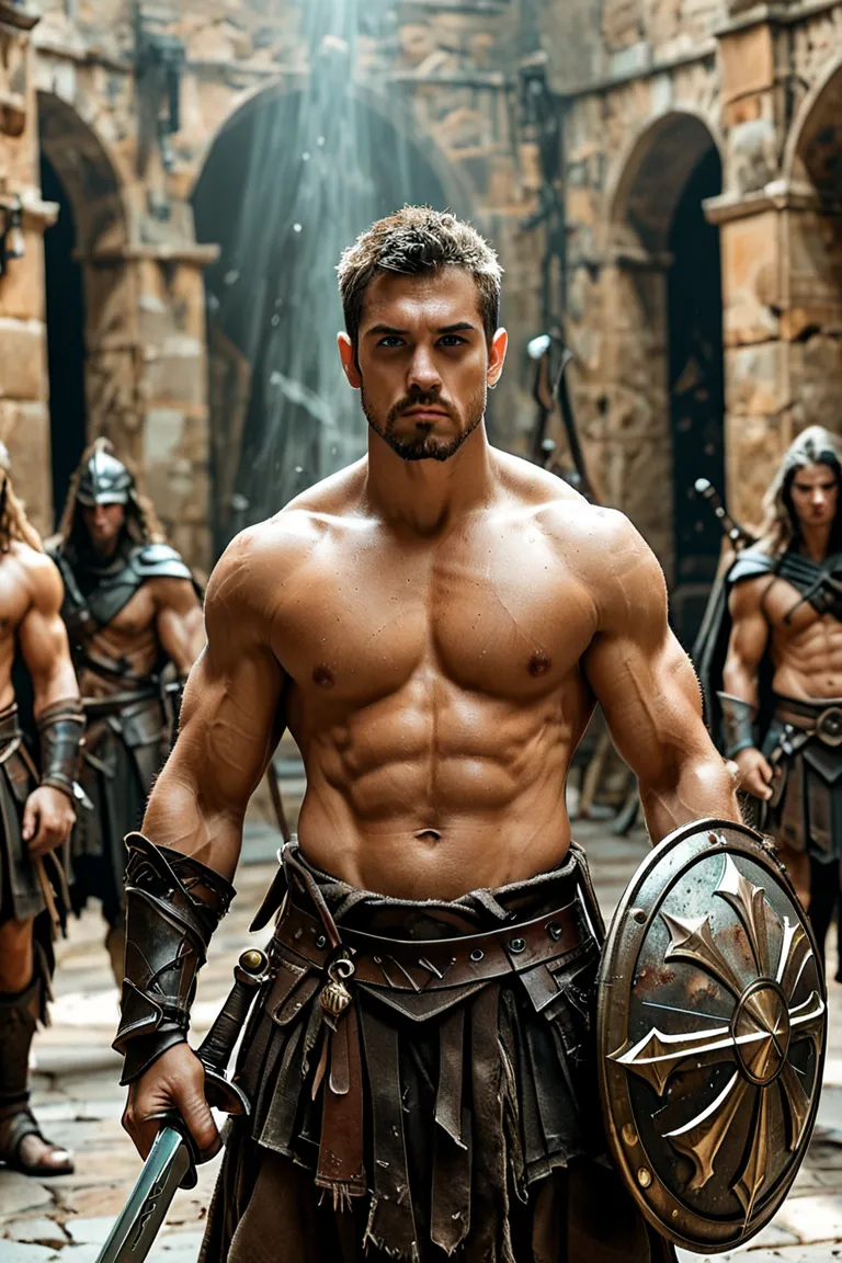 Create an image of a warrior, shirtless, muscular, with a goatee, holding a sword in one hand and a shield in the other.