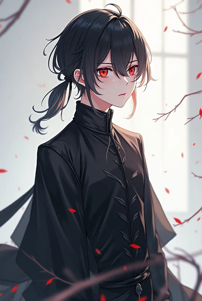 A quiet anime guy with sharp red eyes, very cold and light, with black hair, is tied to the top with a black ribbon .Bright skin and wearing all the black fairy clothes 
