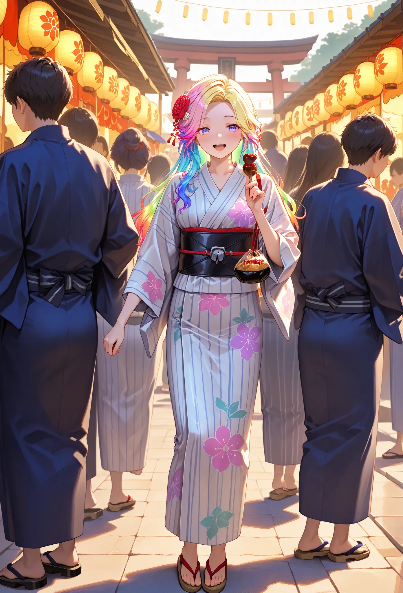    young  , color々 hairstyle,yukata,stall,Sandals,fair,holding food,Syrup 