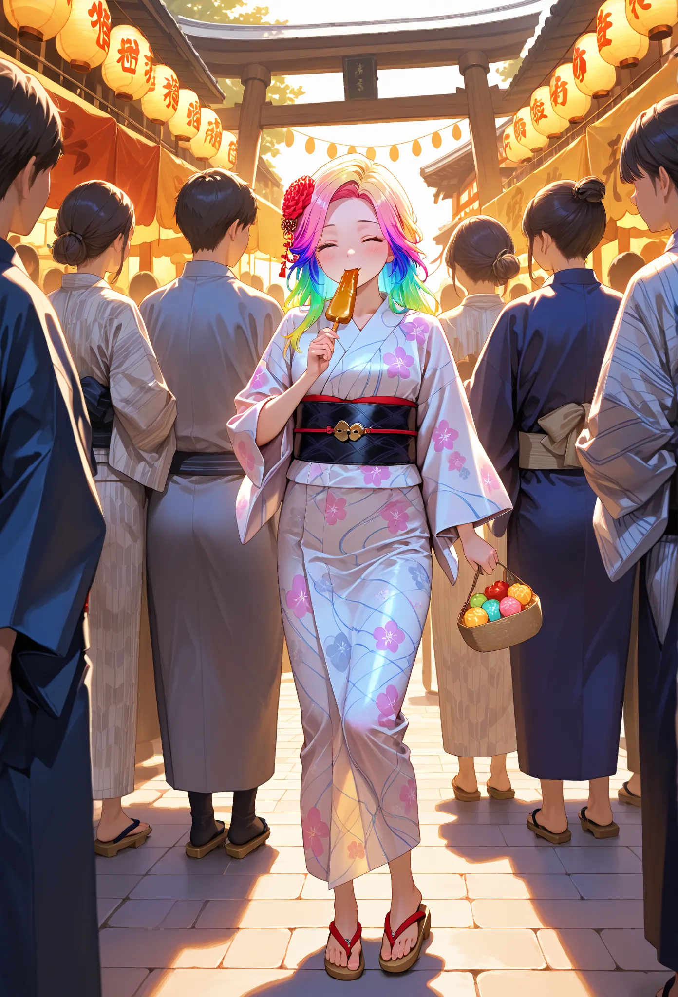    young  , color々 hairstyle,yukata,stall,Sandals,fair,holding food,Syrup 