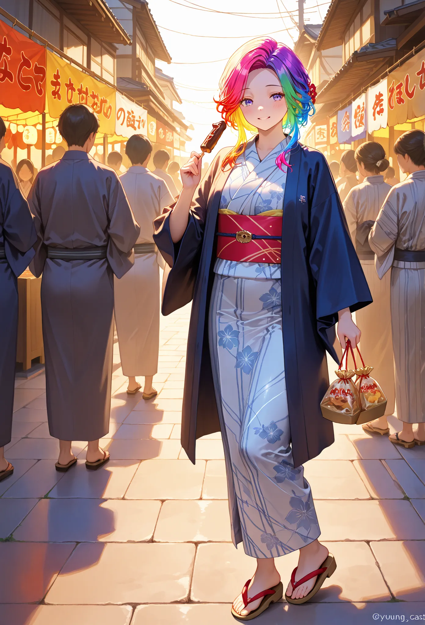    young  , color々 hairstyle,yukata,stall,Sandals,fair,holding food,Syrup 