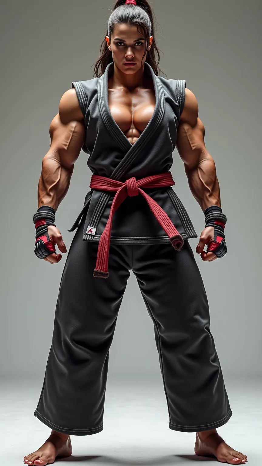 An impressive muscular wide leg,  with detailed scales  . She is in a jiu-jitsu fighting posture, with well-defined muscles, especially in the arms and legs.  Your expression is focused and determined ,  ready for combat. She wears a gi (jiu-jitsu uniform ...