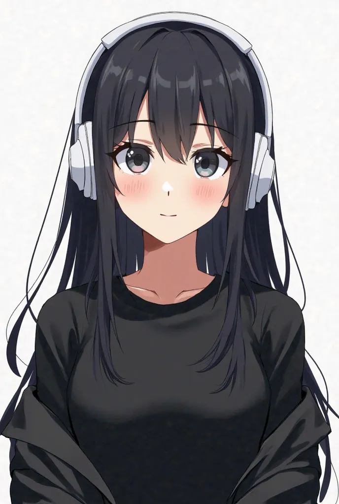 Give me an anime picture of a girl with black hair and wearing white headphones 
black shirt and black jacket