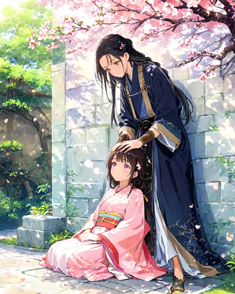 A romantic ancient Chinese scene featuring a young woman sitting on a traditional stone wall and a tall, handsome man standing beside her. The man has long black hair tied back and wears a dark blue robe with golden embroidery, a black belt, and leather br...