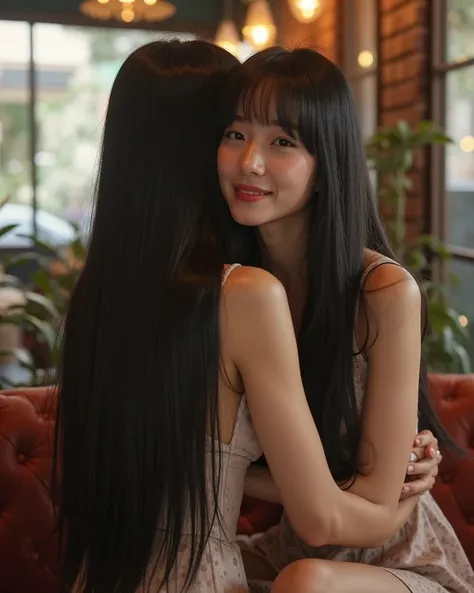 Hyper-realistic, ultra-detailed photograph of two elegant East Asian women in a cozy café setting. Each time, they wear different outfits—or sometimes, none at all. Their exceptionally long, thick, and voluminous hair cascades down to their hips, appearing...