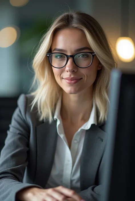 A beautiful woman, light hair with blonde locks, medium shoulder length, nose and lips, dark colored eyes, light rounded face, slight smile, wearing professional clothes, wearing glasses, sitting in her office, using her HP computer, 8K, high resolution, u...