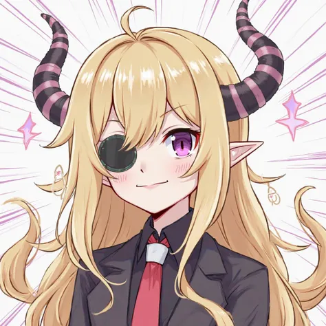  1 girl, long hair,  chelka,  blond hair, tape, purple eyes,  sharp ears, horns,  Double tails, shiny hair,  smirk, horns дракона,  eye patch,  Face with bandage ,  lines of motion , Silhouette,  Speed lines , Ghibli, Gothic, 