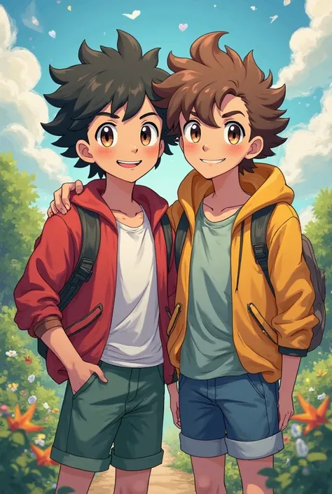 Pokemon-style illustration of young male best friends, one with curly hair and beard and brown eyes and the other with wavy hair, brown eyes and without beard 