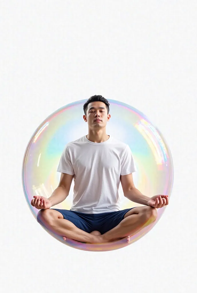 Photo of a handsome, fit, 30-year-old Asian man wearing a white T-shirt, navy blue shorts, no shoes, meditating with his eyes closed in a transparent bubble, around which the transparent bubble sparkles in rainbow colors. He is meditating floating in mid-a...