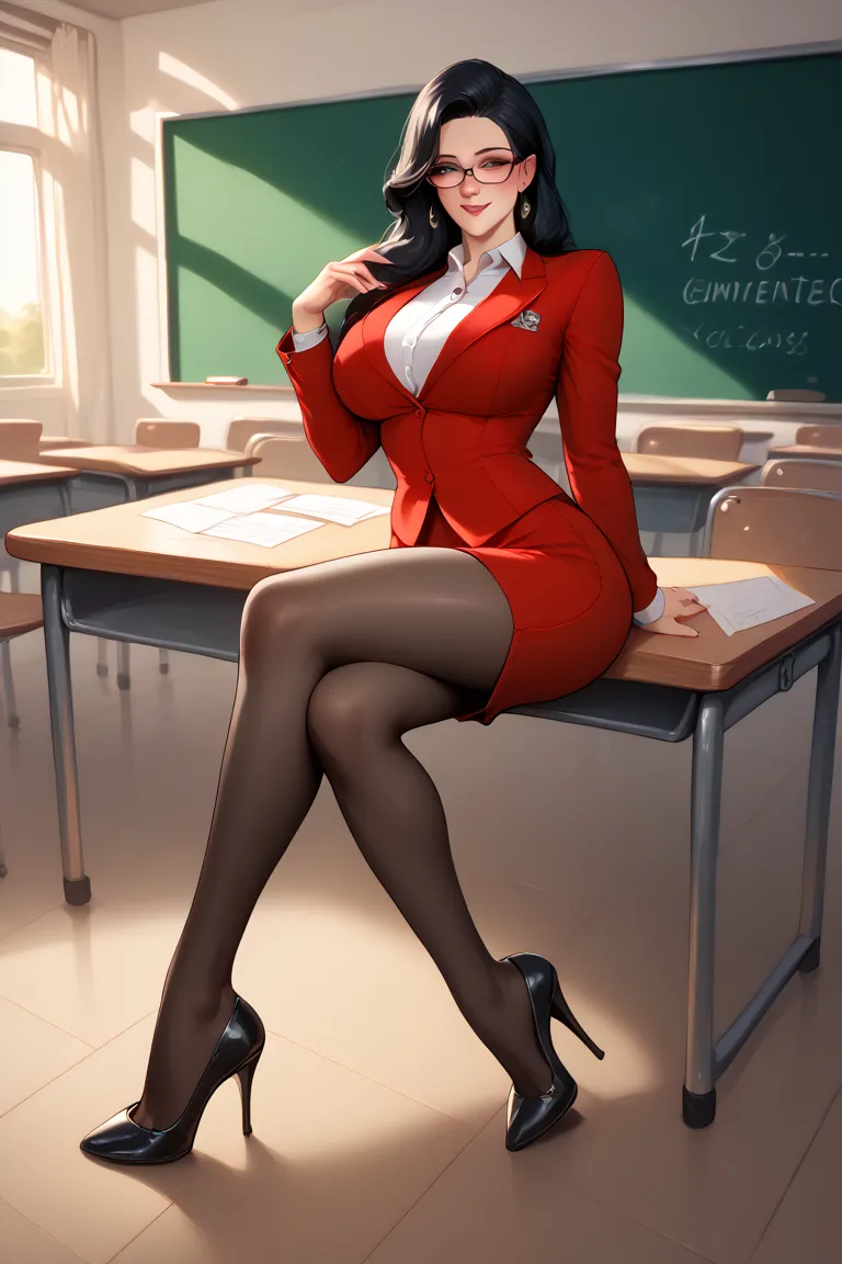 A woman 43 years old  , full body, long straight black hair, big breasts ,  long legs,Suit, red suit,black miniskirt,  black pantyhose, sexy pose black heels , Looking at the spectator, She is sitting at a desk in a classroom, blush,She's happy, wear glass...