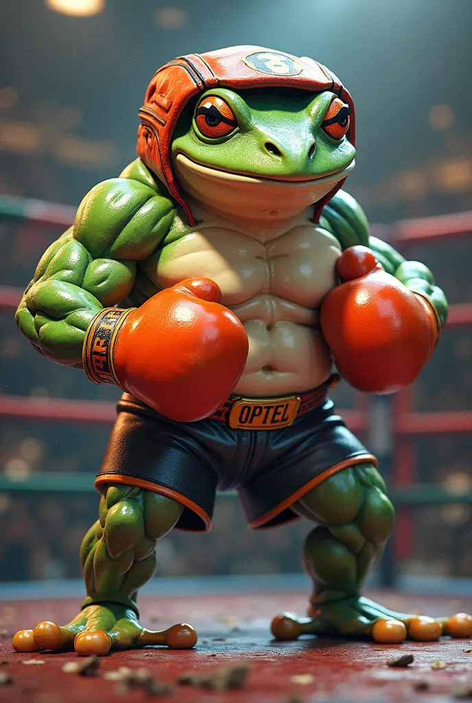 Muscular frog in a juice fighter position standing in the front and wearing boxing gloves and a boxing head