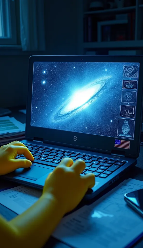 A realistic close-up of Lisa Simpson’s computer, sitting on her desk in a dimly lit room. The laptop has a small American flag sticker on one side, symbolizing her patriotic and intellectual spirit. On the screen, a stunning astronomical phenomenon is disp...