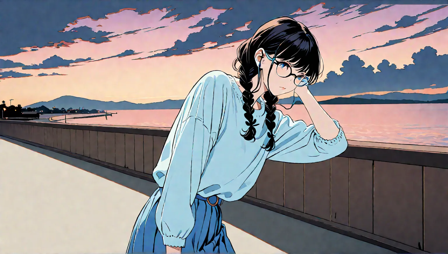 ((cloud))、((alone)),((Seaside in the evening)),wind、((Transparency)),((Earphones)), expressionless,((Black hair long hairstyle with braids)),(((black rimmed glasses))),masterpiece, Highest quality, Beautiful attention to detail, Very detailed, In detail, H...