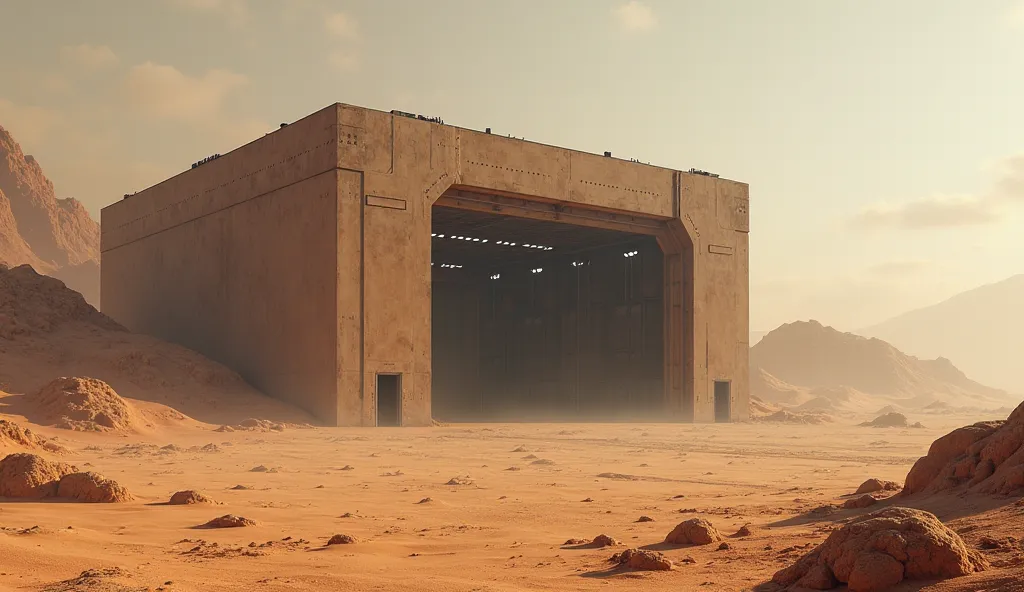 A military hangar hidden in the desert, with lights inside illuminating something secret.