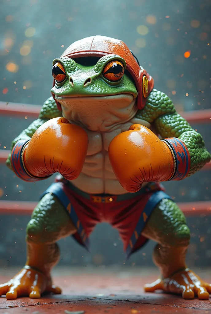 Muscular frog in a juice fighter position standing in the front and wearing boxing gloves and a boxing head