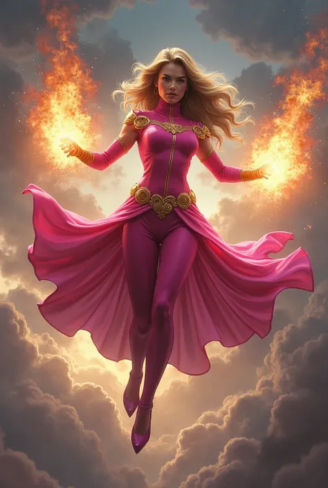 A female savage superhero with a pink dress She is flying in the air and She is shooting fire balls  and her dress has powerful gold and gloves and high heel shoes 